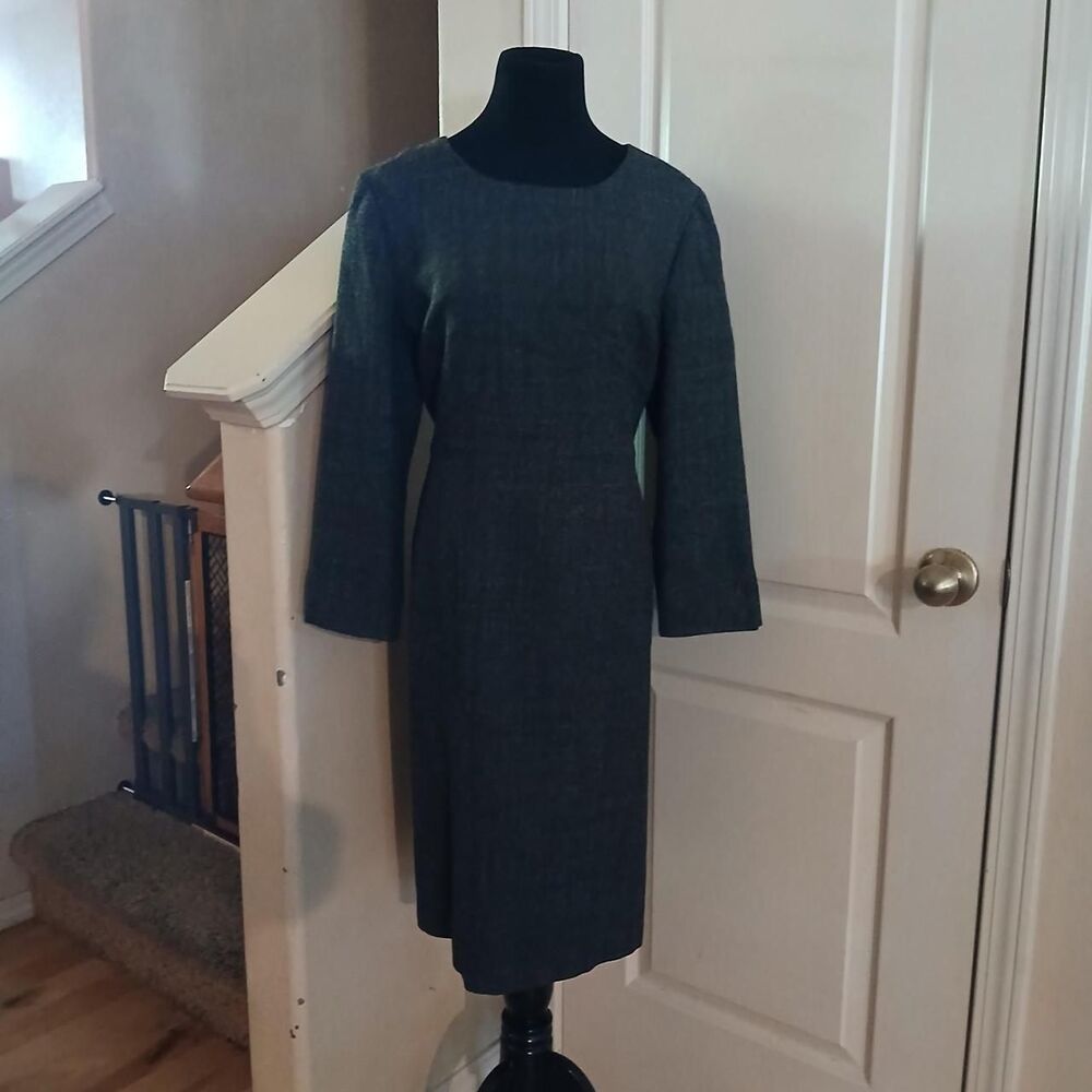 VTG Pendleton Grey & Black Tweed Midi Dress 100% Virgin Wool Long Sleeve 14 USA